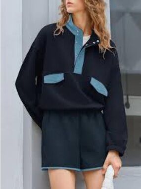 navy blue quarter button and short set